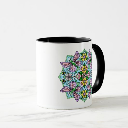 Pink Butterfly Mandala Whimsical Hand Drawing Tasse (VorderseiteRechts)