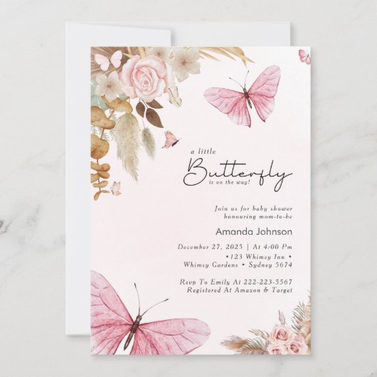 Pink Butterfly Pampas Grass Bohemian Baby Shower  Einladung (Vorderseite)
