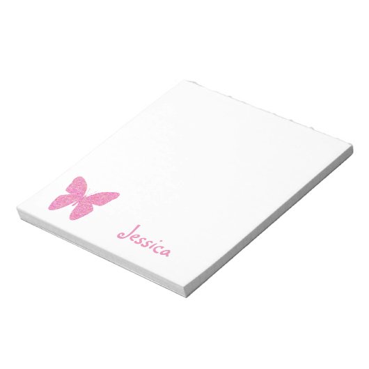 Pink Butterfly Personalisierter Mädchenname Notizblock (Rotiert)