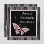 Pink Butterfly Pink Black Quinceanera Einladung (Vorne/Hinten)