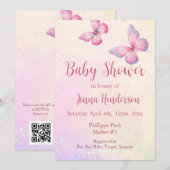 Pink Butterfly QR Code Kinderdusche Einladung (Vorne/Hinten)