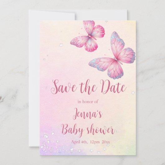 Pink Butterfly QR Code Kinderdusche Save The Date (Vorderseite)