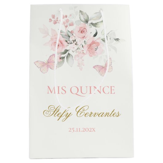 Pink Butterfly Quinceañera Mittlere Geschenktüte (Vorderseite)