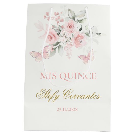 Pink Butterfly Quinceañera Mittlere Geschenktüte (Rückseite)
