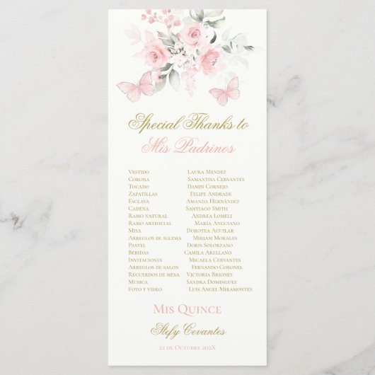 Pink Butterfly Quinceañera Programm (Rückseite)