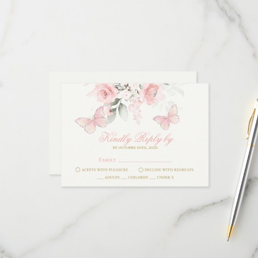 Pink Butterfly Quinceañera RSVP Karte (Vorderseite/Rückseite Beispiel)