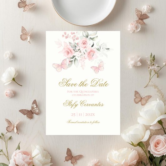Pink Butterfly Quinceañera Save The Date