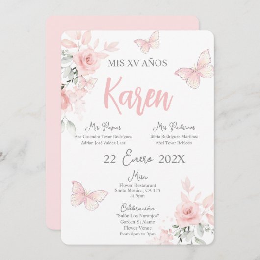 Pink Butterfly Quinceañera Spanische Einladung (Vorne/Hinten)