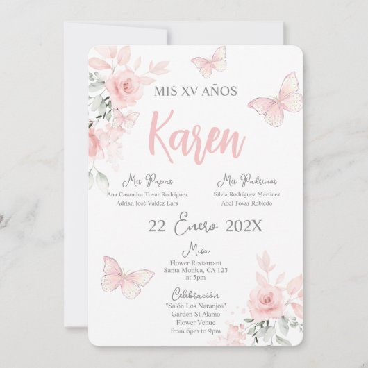 Pink Butterfly Quinceañera Spanische Einladung (Vorderseite)