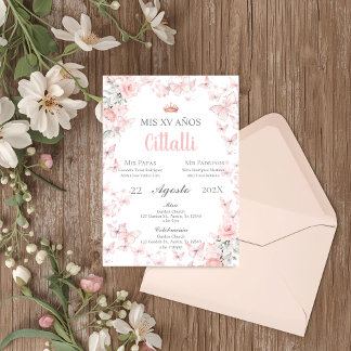 Pink Butterfly Quinceañera Spanish Invitation Einladung