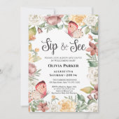 Pink Butterfly Rose Floral Baby Girl SIP UND SIEHE Einladung (Vorderseite)