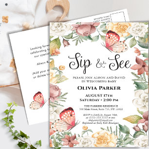 Pink Butterfly Rose Floral Baby Girl SIP UND SIEHE Einladungspostkarte