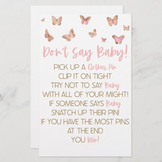 Pink Butterfly Say Baby Shower Game nicht Briefpapier (Vorne/Hinten)