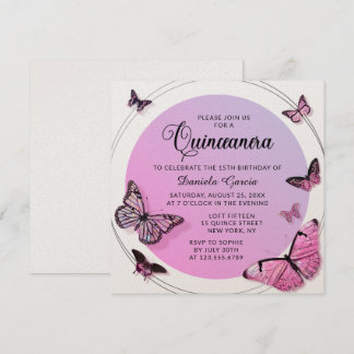 Pink Butterfly Shimmer Moderne Quinceañera Einladung