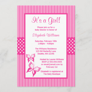 Pink Butterfly Stripes and Dots Babydusche Einladung