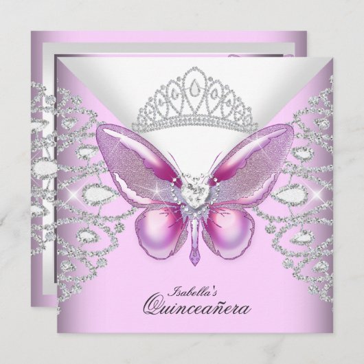 Pink Butterfly Tiara Quinceanera 15. Party Einladung (Vorne/Hinten)