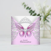 Pink Butterfly Tiara Quinceanera 15. Party Einladung (Stehend Vorderseite)