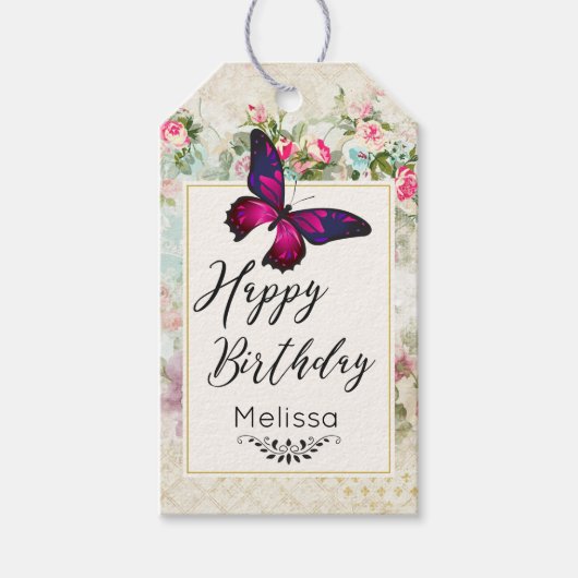 Pink Butterfly und Shabby Vintage Rose Geburtstag Geschenkanhänger (Vorderseite)