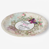Pink Butterfly und Shabby Vintage Rose Geburtstag Pappteller (Schrägansicht)