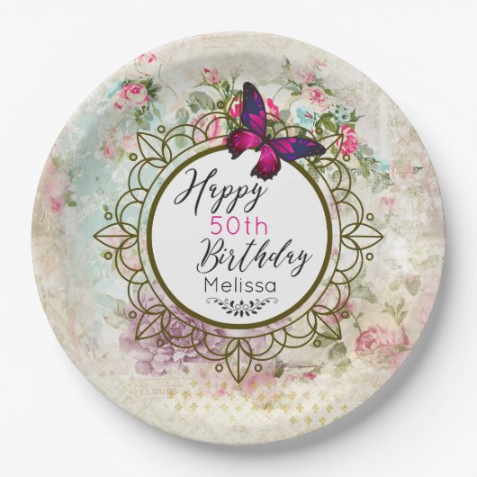 Pink Butterfly und Shabby Vintage Rose Geburtstag Pappteller (Vorderseite)