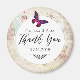 Pink Butterfly und Shabby Vintage Rose Hochzeit Magnet