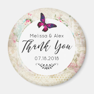 Pink Butterfly und Shabby Vintage Rose Hochzeit Magnet