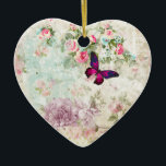 Pink Butterfly Vintag Shabby Collage Keramik Ornament<br><div class="desc">Ein Ornament mit einem eleganten,  rosa Magentafelschmetterling mit lila Akzenten. Der Hintergrund ist eine schäbige Vintage Collage mit rosa Rosen und anderen dekorativen Elementen. Ein charmantes,  skurriles Ambiente.</div>