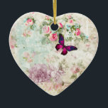 Pink Butterfly Vintag Shabby Collage Keramik Ornament<br><div class="desc">Ein Ornament mit einem eleganten,  rosa Magentafelschmetterling mit lila Akzenten. Der Hintergrund ist eine schäbige Vintage Collage mit rosa Rosen und anderen dekorativen Elementen. Ein charmantes,  skurriles Ambiente.</div>