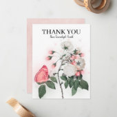 Pink Butterfly White Roses Vielen Dank Mitteilungskarte (Vorderseite/Rückseite Beispiel)