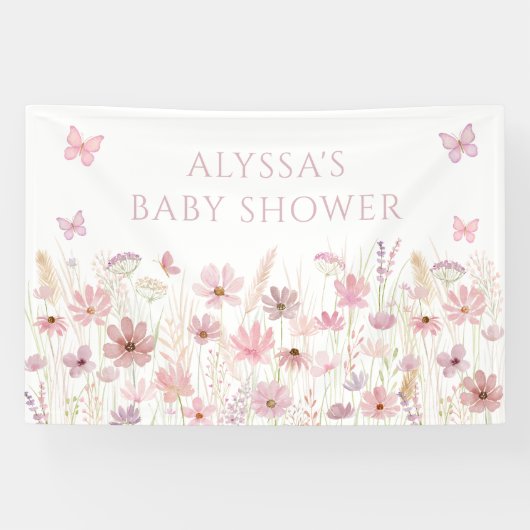 Pink Butterfly Wildflowers Baby Shower Banner (Horizontal)