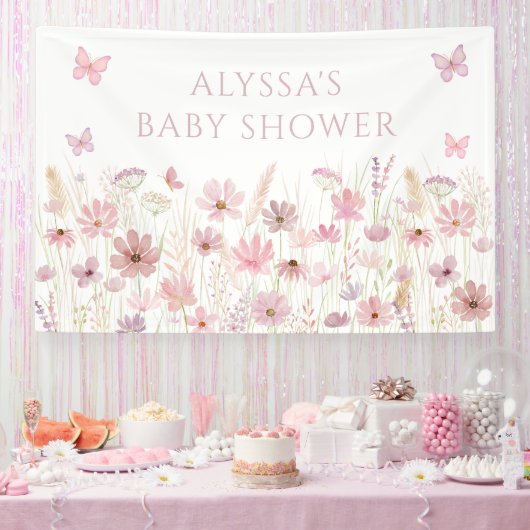 Pink Butterfly Wildflowers Baby Shower Banner (Party)