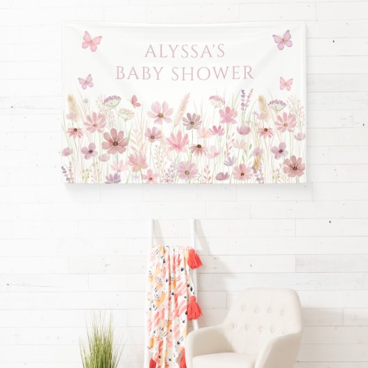 Pink Butterfly Wildflowers Baby Shower Banner (InSitu)