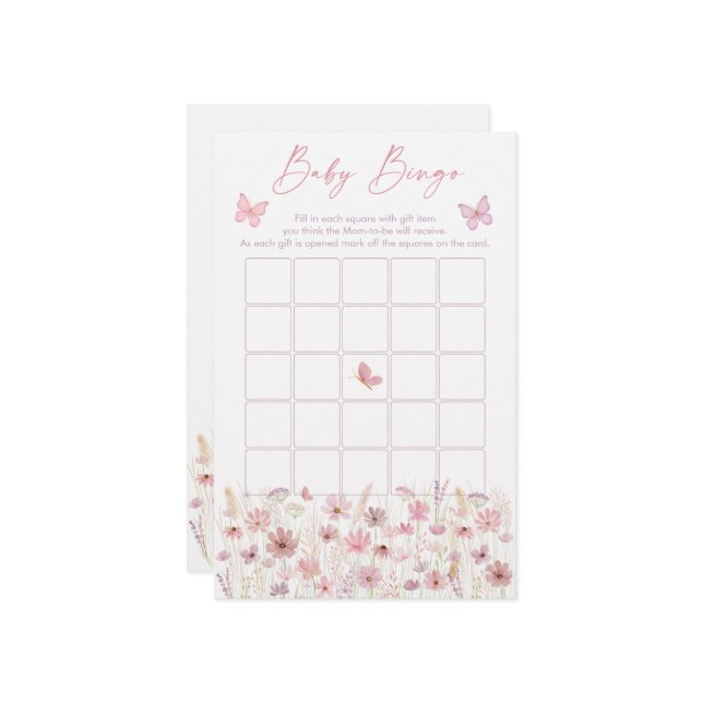 Pink Butterfly Wildflowers Baby Shower Bingo Game (Vorderseite/Rückseite Beispiel)