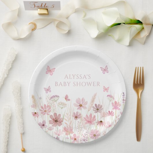Pink Butterfly Wildflowers Baby Shower Pappteller (Hochzeit)