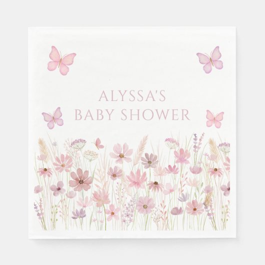 Pink Butterfly Wildflowers Baby Shower Serviette (Vorderseite)