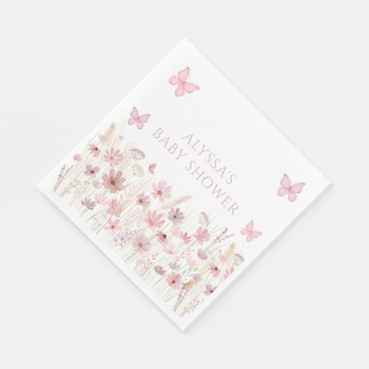 Pink Butterfly Wildflowers Baby Shower Serviette (Ecke)