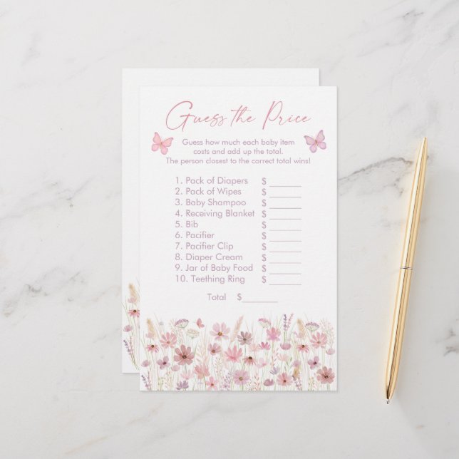 Pink Butterfly Wildflowers Guess the Price Game (Vorderseite/Rückseite Beispiel)