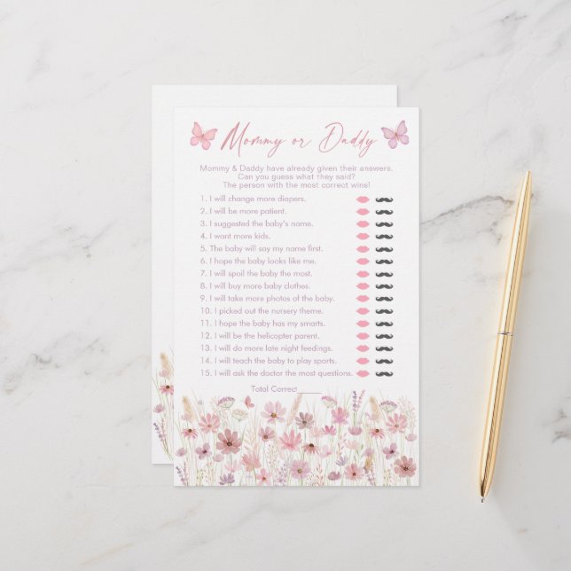 Pink Butterfly Wildflowers Guess Who Said It Game (Vorderseite/Rückseite Beispiel)