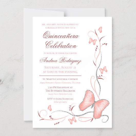 Pink Butterfly & Wirbel Quinceañera Magneteinladung (Vorderseite)