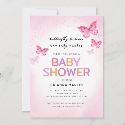 Pink Butterfy Baby Dusche Einladung (Vorderseite)