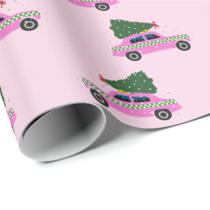 Pink Cab Taxi Fir Tree Muster Pink Weihnachten Geschenkpapier