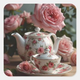 Pink Cabbage Rose Tee Quadratischer Aufkleber