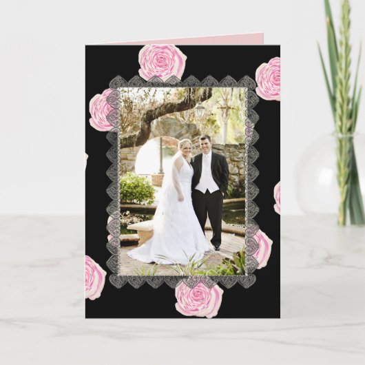 Pink Cabbage Roses and Black Lace Wedding Dankeskarte (Vorderseite)