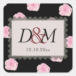 Pink Cabbage Roses and Black Lace Wedding Quadratischer Aufkleber