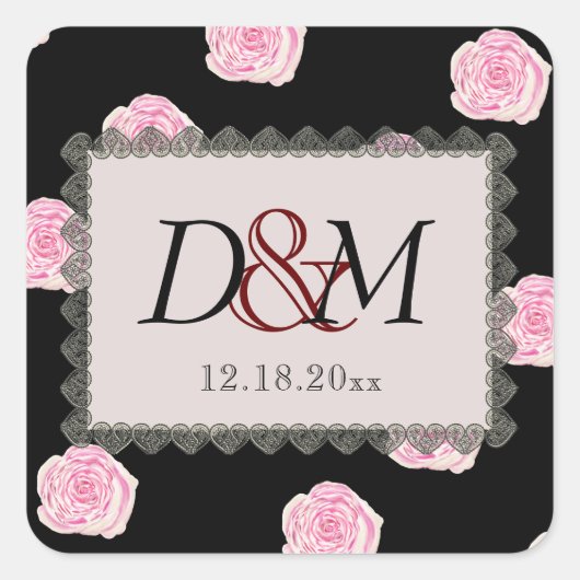 Pink Cabbage Roses and Black Lace Wedding Quadratischer Aufkleber (Vorderseite)