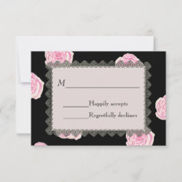 Pink Cabbage Roses and Black Lace Wedding RSVP Karte