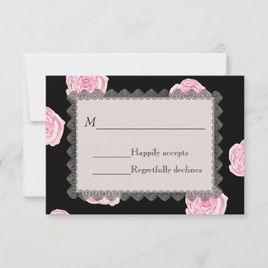 Pink Cabbage Roses and Black Lace Wedding RSVP Karte (Vorderseite)