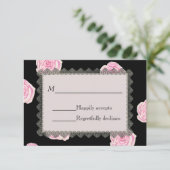 Pink Cabbage Roses and Black Lace Wedding RSVP Karte (Stehend Vorderseite)