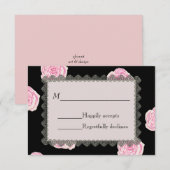 Pink Cabbage Roses and Black Lace Wedding RSVP Karte (Vorne/Hinten)