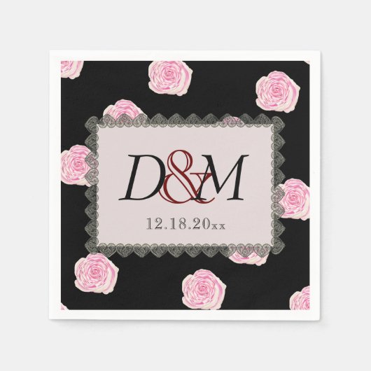 Pink Cabbage Roses and Black Lace Wedding Serviette (Vorderseite)